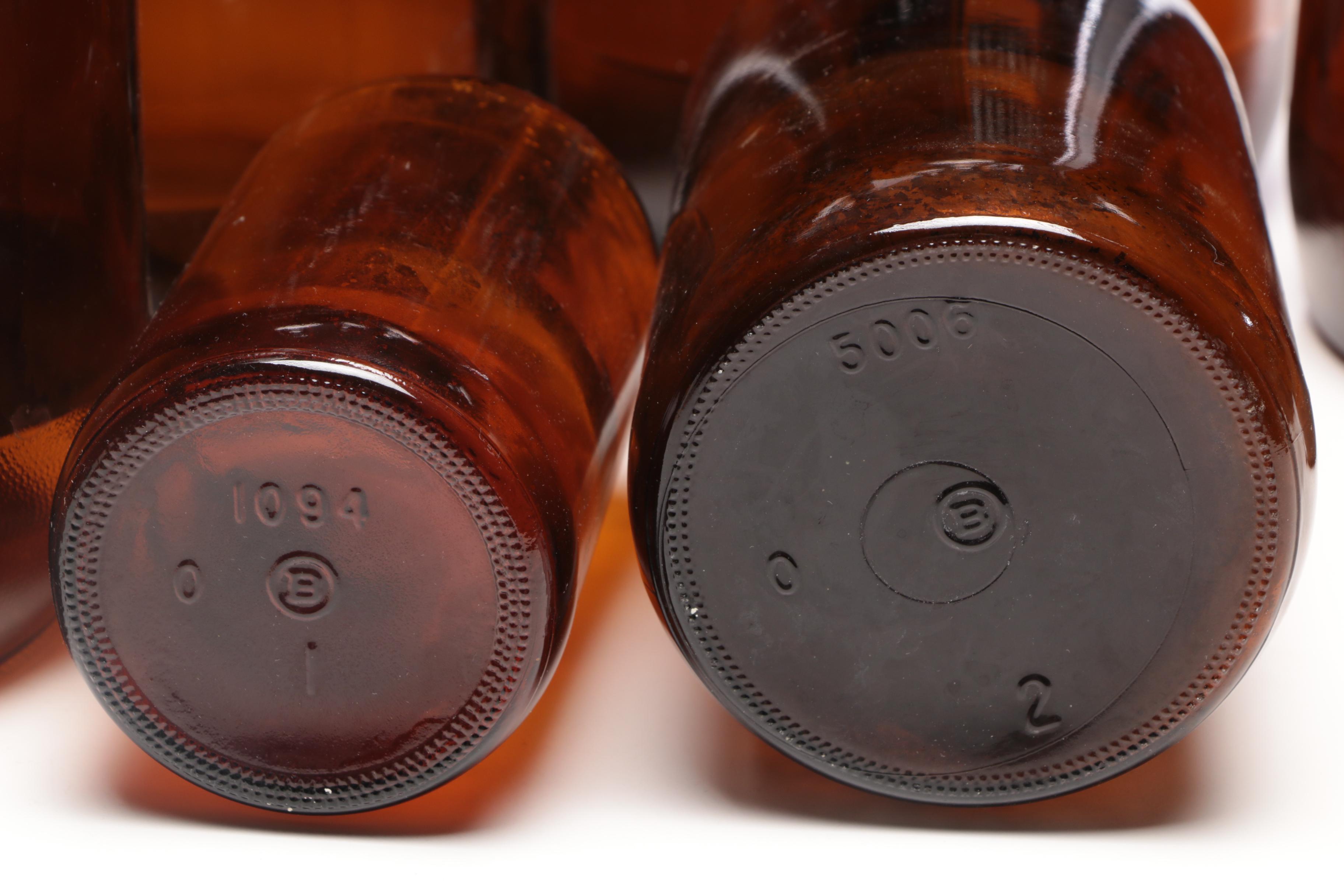 Amber Glass Chemical Bottles with Lids, Late 20th Century
