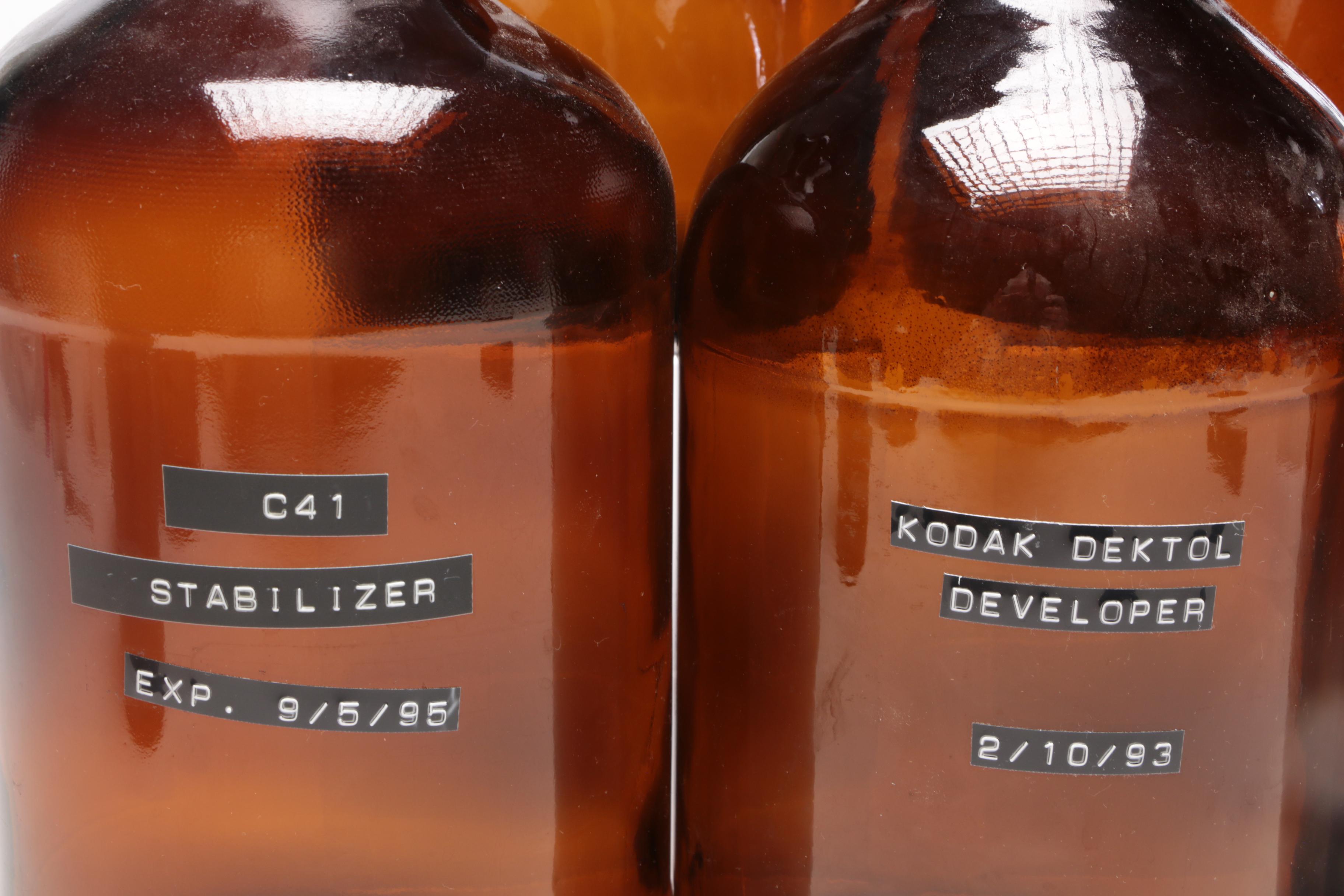 Amber Glass Chemical Bottles with Lids, Late 20th Century