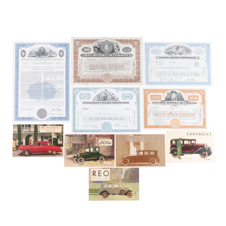 American Automotive Stock Certificates and Advertising Prints, including Ford