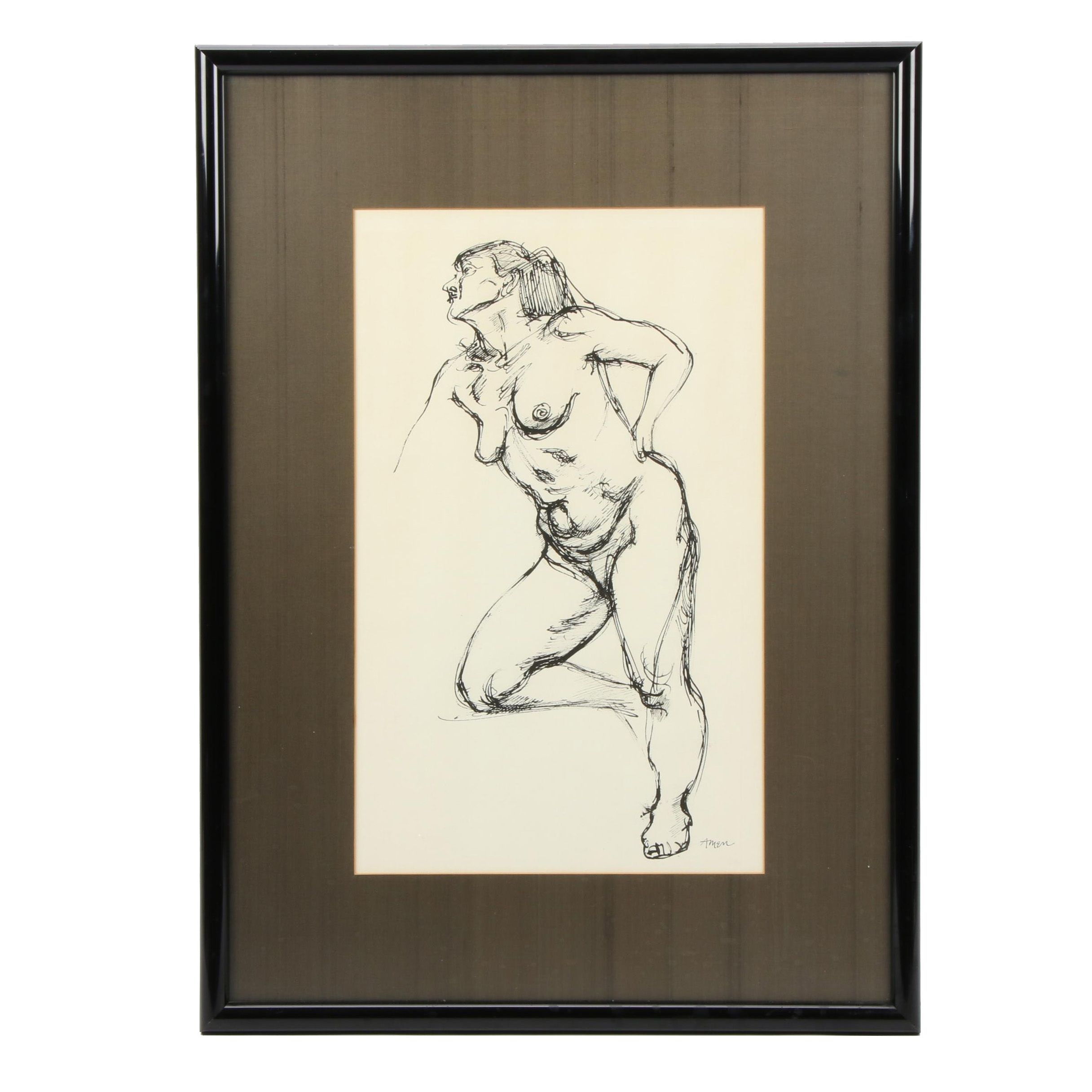 Irving Amen Figural Ink Drawing of Female Nude