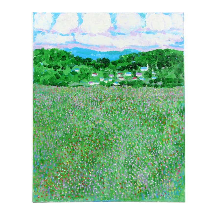Will Becker Acrylic Painting "Flower Field and Village"