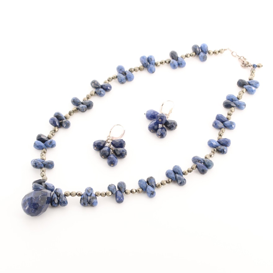 Beaded Sodalite and Pyrite Necklace and Earrings with Sterling Silver Findings