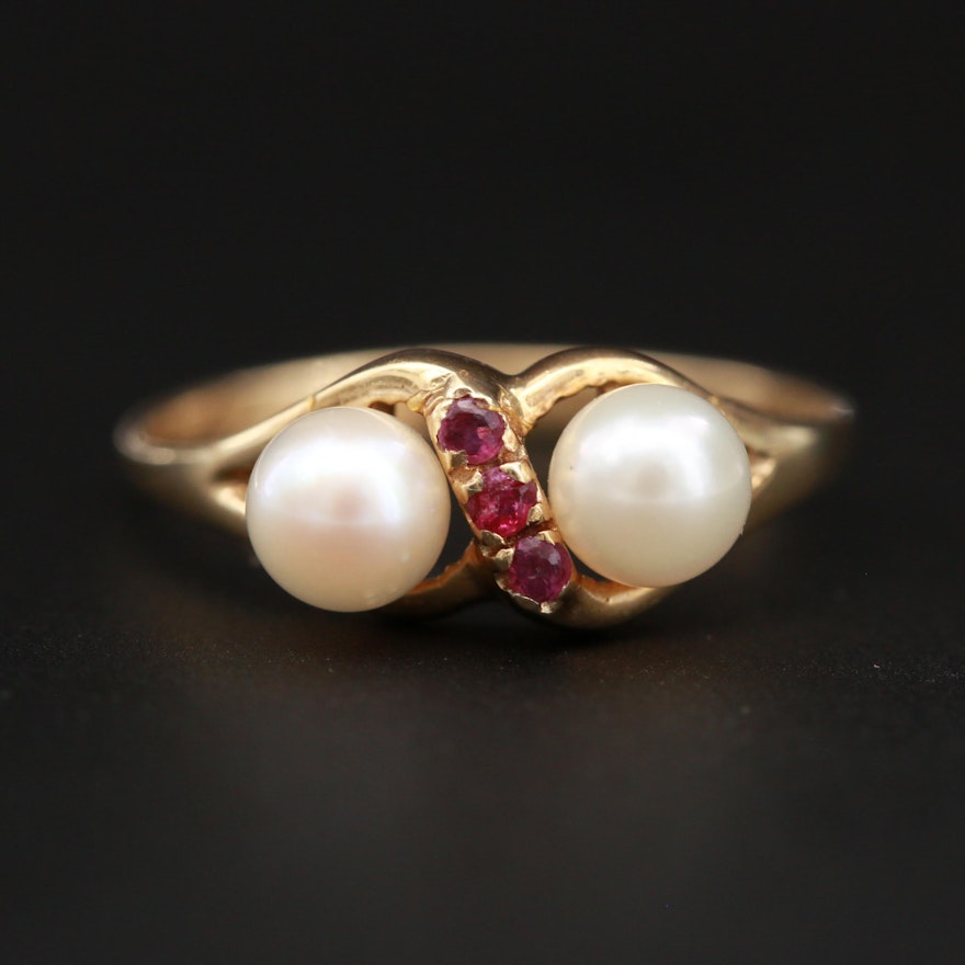 14K Yellow Gold Cultured Pearl and Ruby Ring