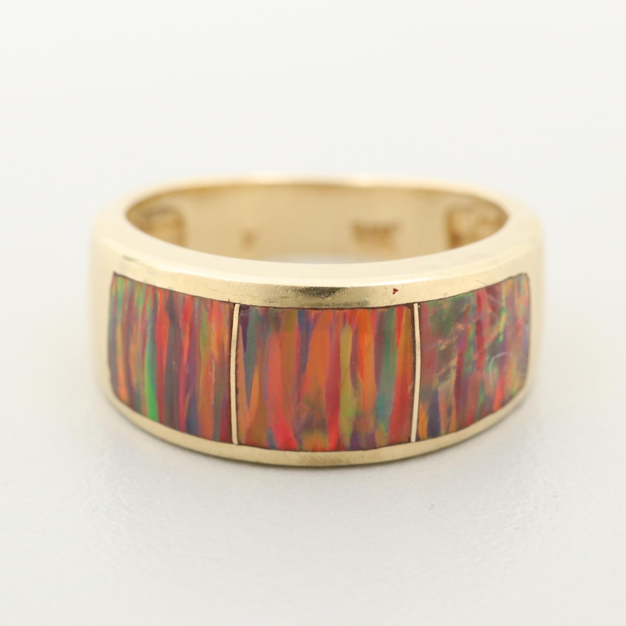 14K Yellow Gold Synthetic Opal Band