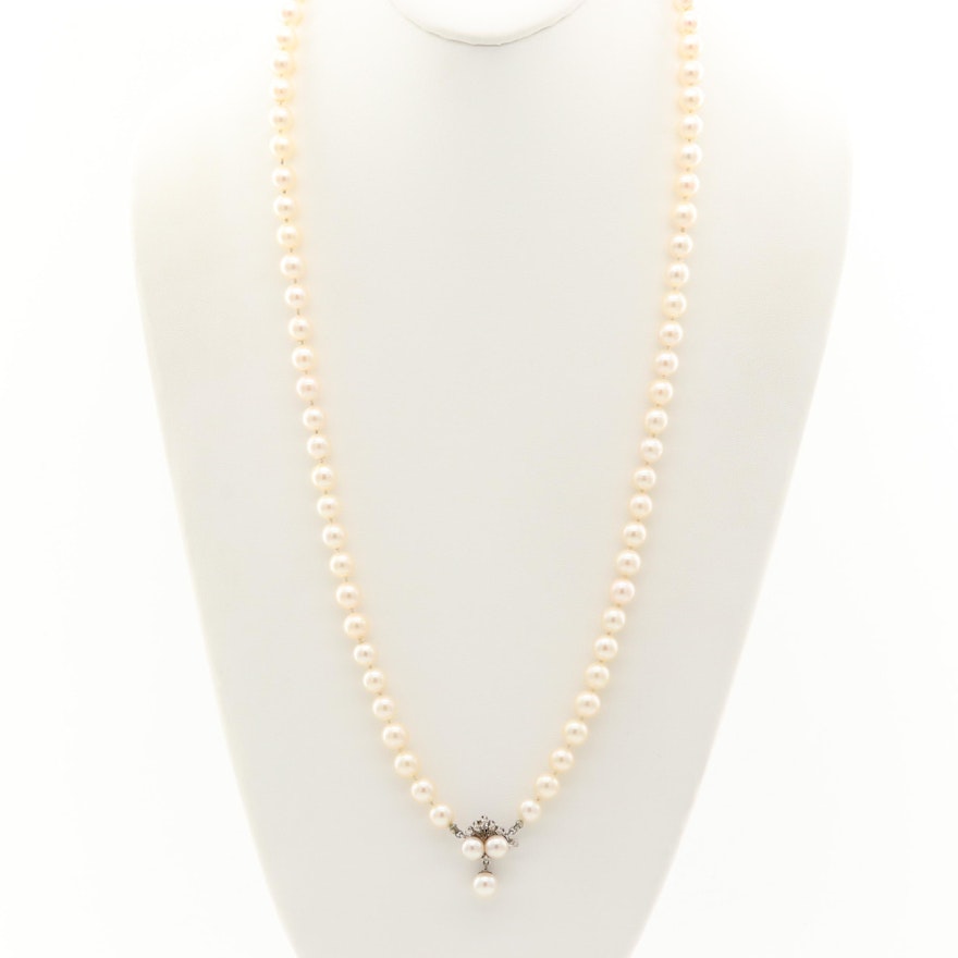 14K White Gold Cultured Pearl and Diamond Necklace
