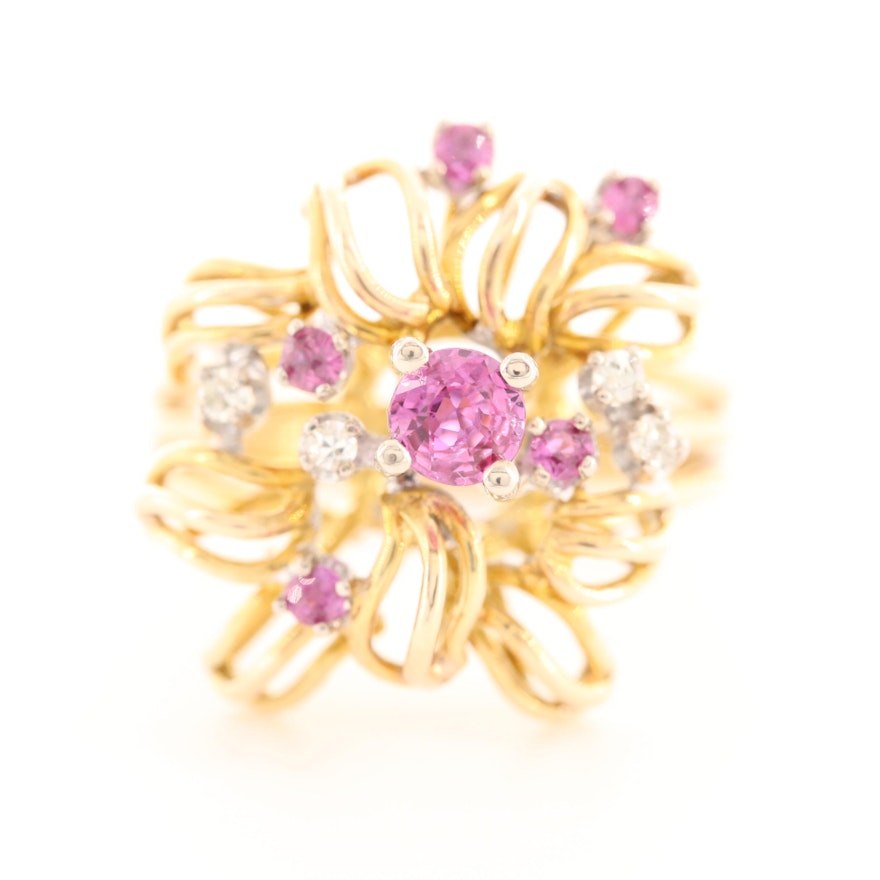14K Yellow Gold Pink Sapphire and Diamond Ring with Openwork Floral Motif