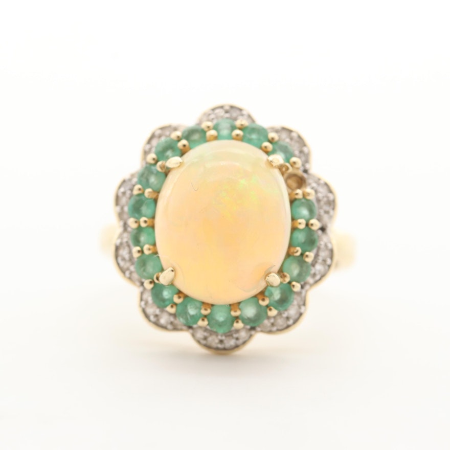 10K Yellow Gold Opal, Emerald and Diamond Ring