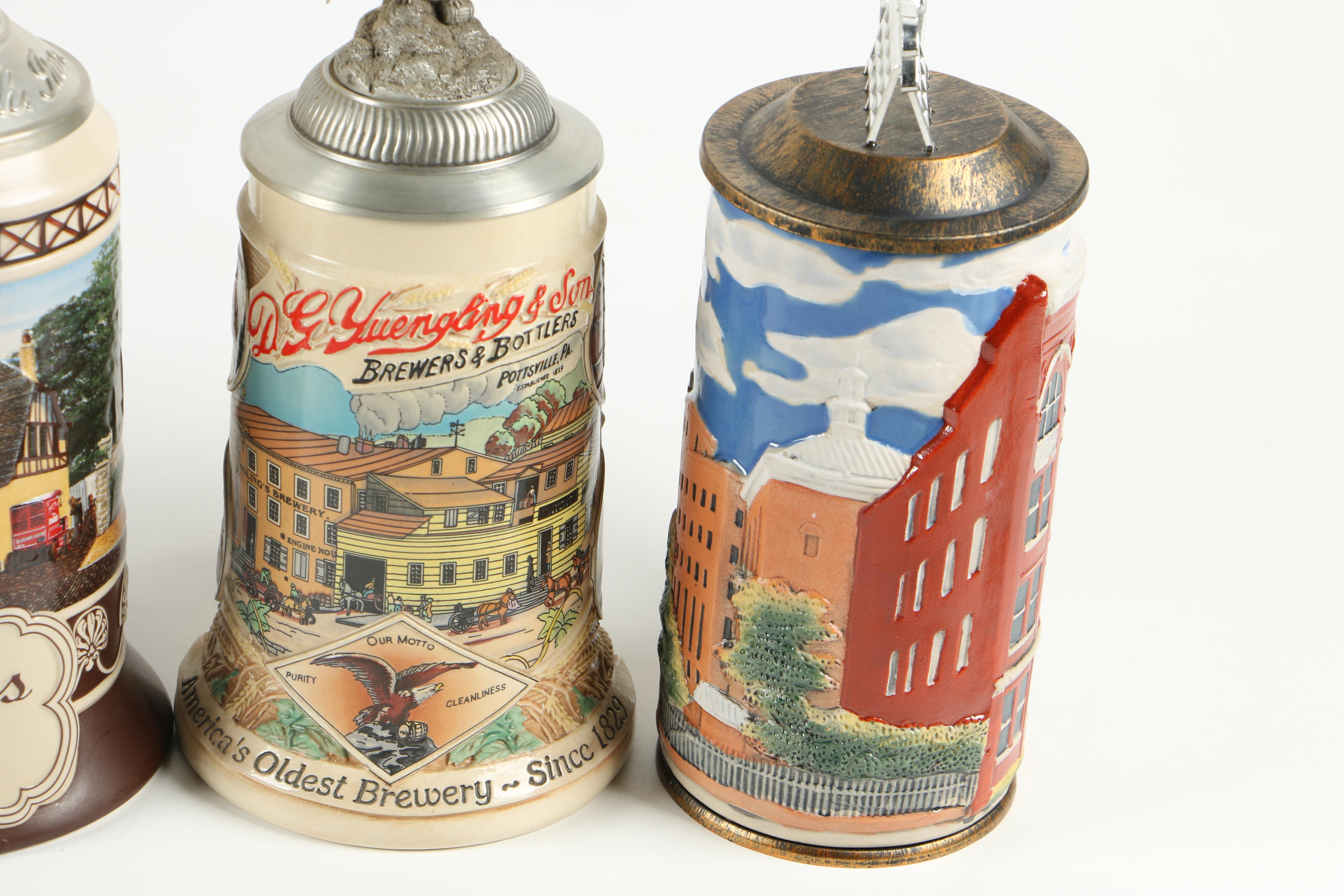 Stoneware and Ceramic Beer Steins including Yuengling Signature Series Stein