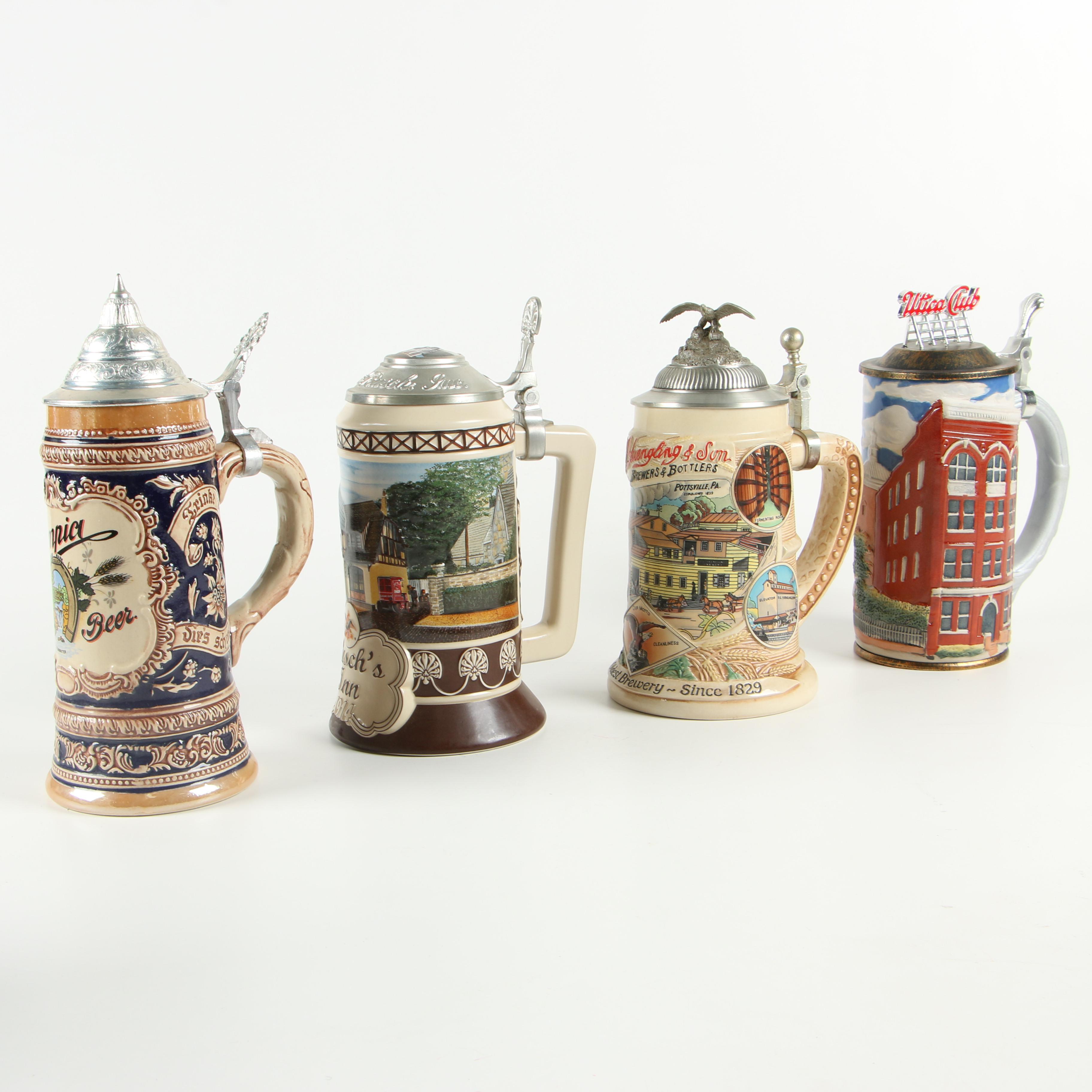 Stoneware and Ceramic Beer Steins including Yuengling Signature Series Stein