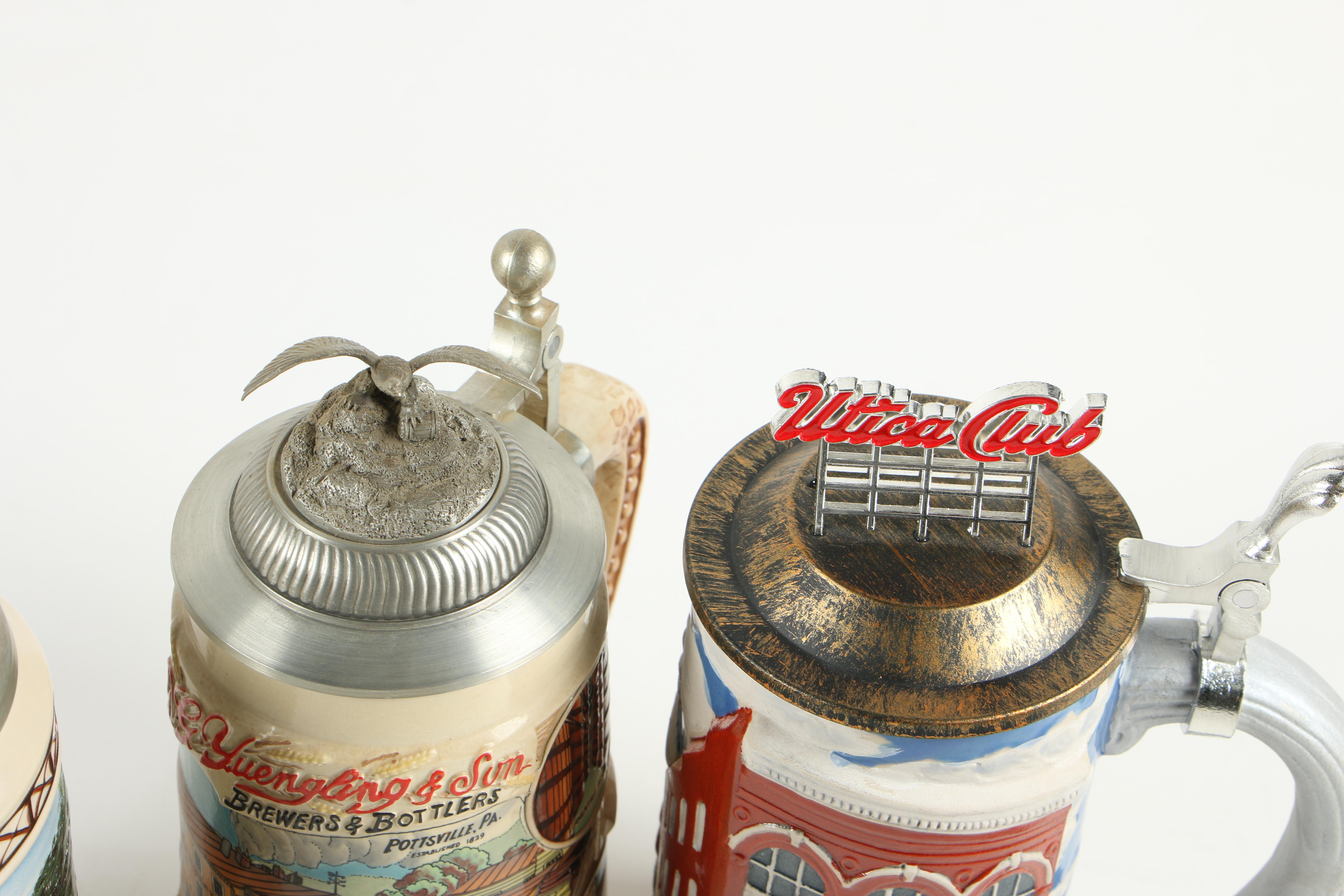 Stoneware and Ceramic Beer Steins including Yuengling Signature Series Stein