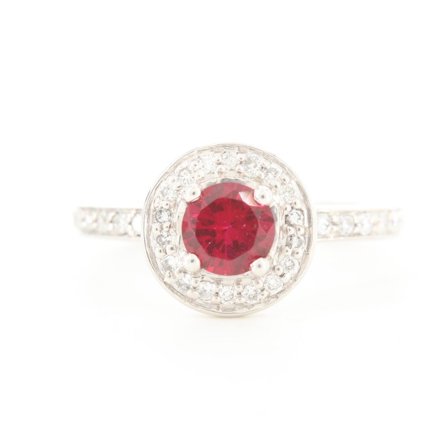 Platinum Ruby and Diamond French Style Halo Ring