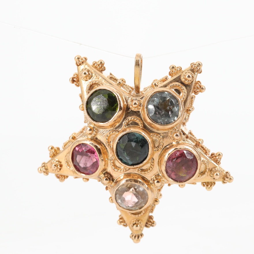 18K Yellow Gold Tourmaline, Aquamarine and Garnet Star Pendant