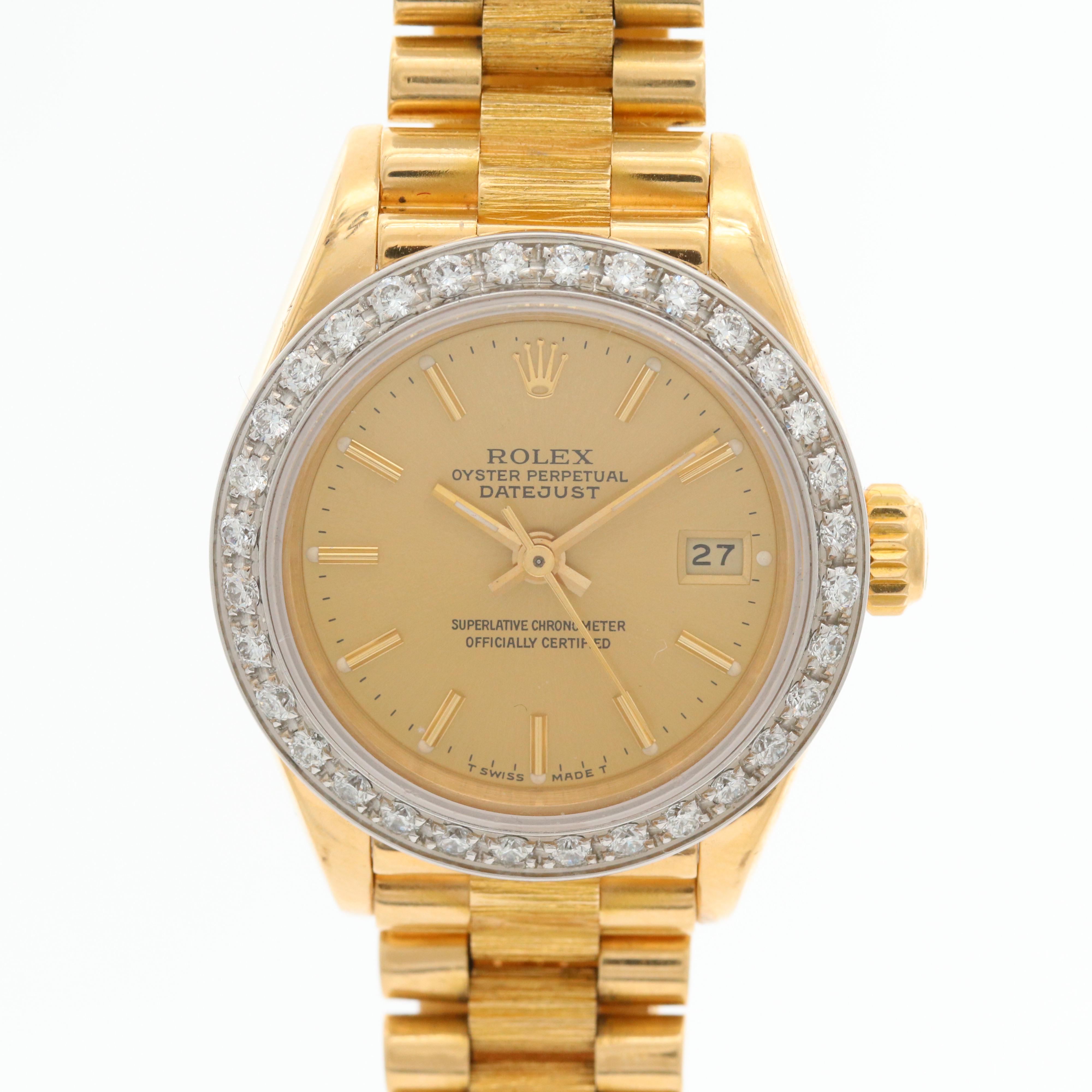 Vintage Rolex Datejust 18K Yellow Gold and Diamond Bezel Watch, 1987