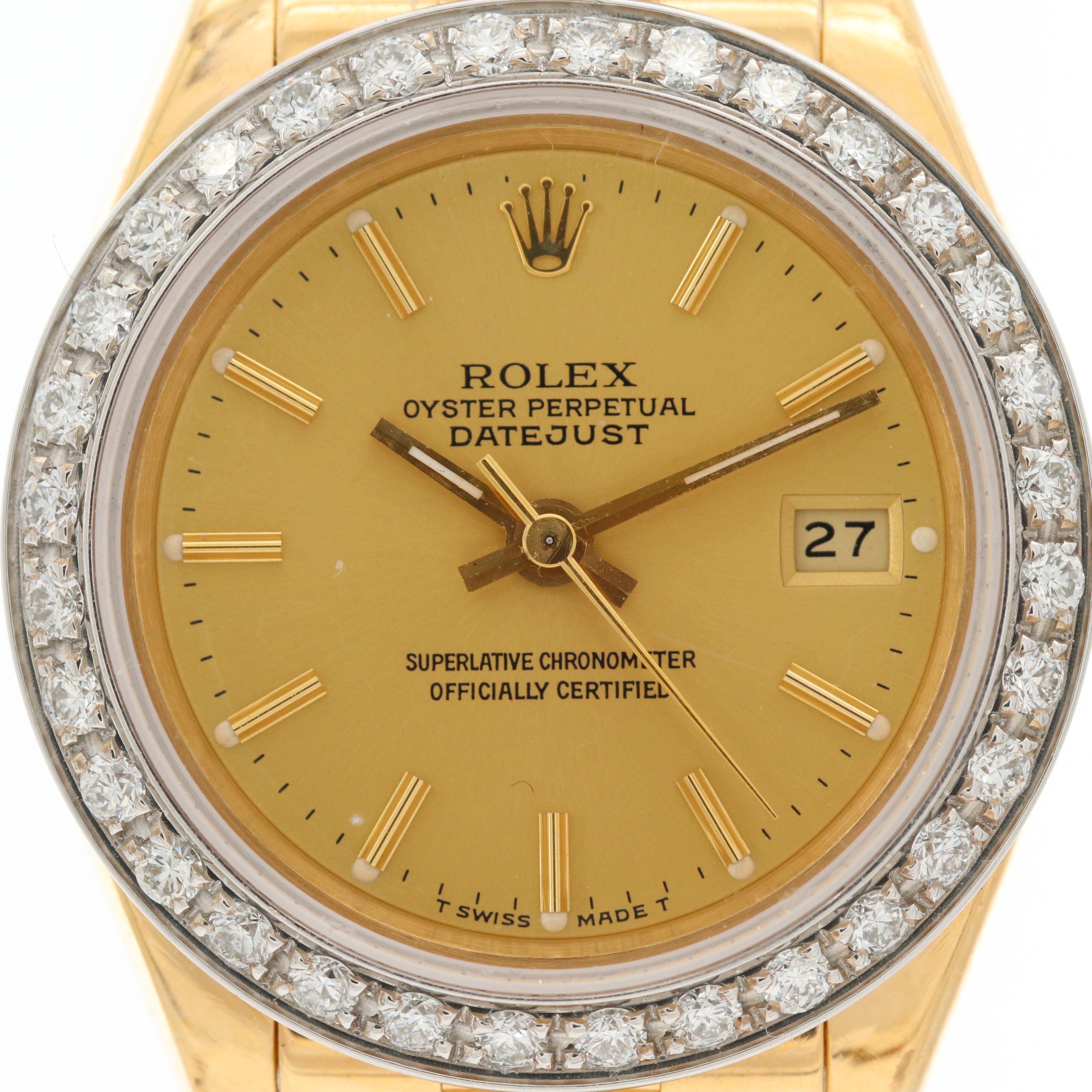 Vintage Rolex Datejust 18K Yellow Gold and Diamond Bezel Watch, 1987
