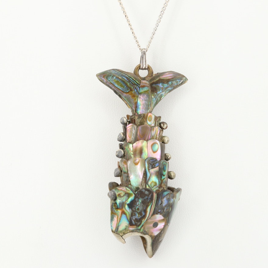 Vintage Sterling Silver Abalone Articulated Carp Necklace
