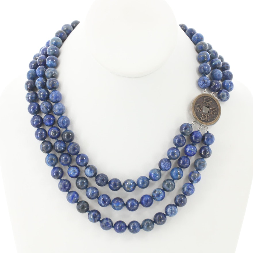Lapis Lazuli Beaded Necklace with Chinese Cash Coin Replica Clasp