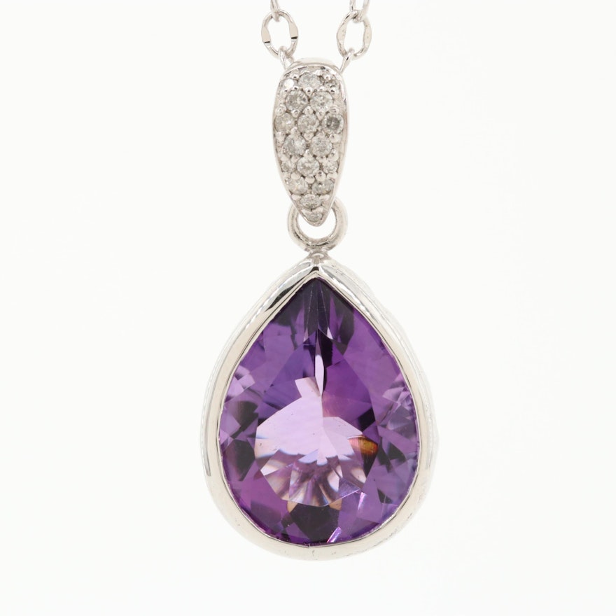 Sterling Silver Amethyst and Diamond Pendant Necklace