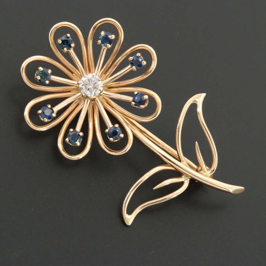 Vintage 14K Yellow Gold Diamond and Sapphire Flower Brooch