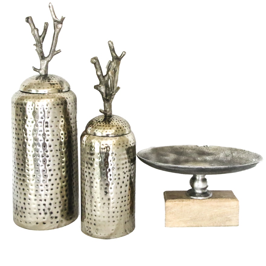 Grouping of Decorative Metal Vessels with Bowl