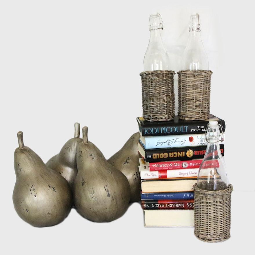 Contemporary Decorative Pears, Glass Bottles and Books