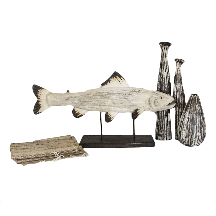 Table Decor Featuring Wooden Fish Statue with Vases and Runner