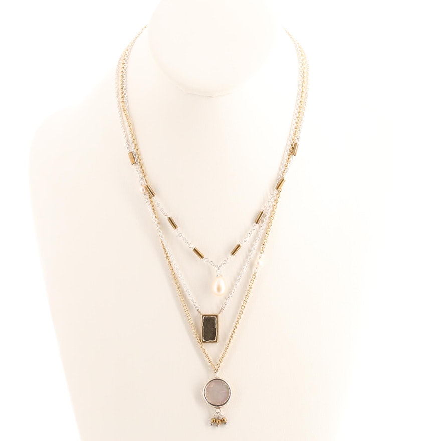 Sterling Silver and Gold Tone Triple Chain Necklace with Mother of Pearl Accents