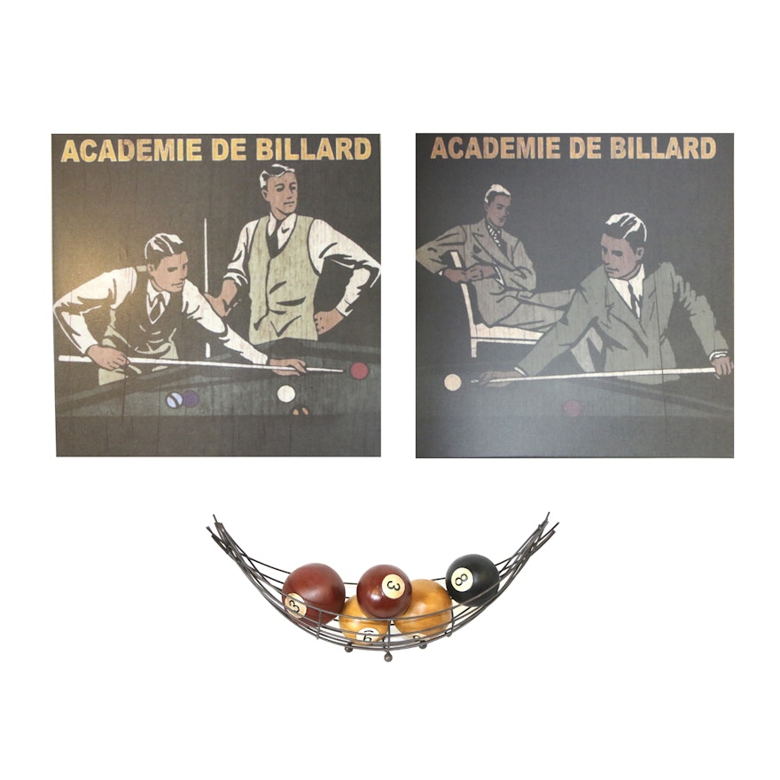 Billiard Themed Wall Decor with Metal Basket and Over-Sized Pool Balls