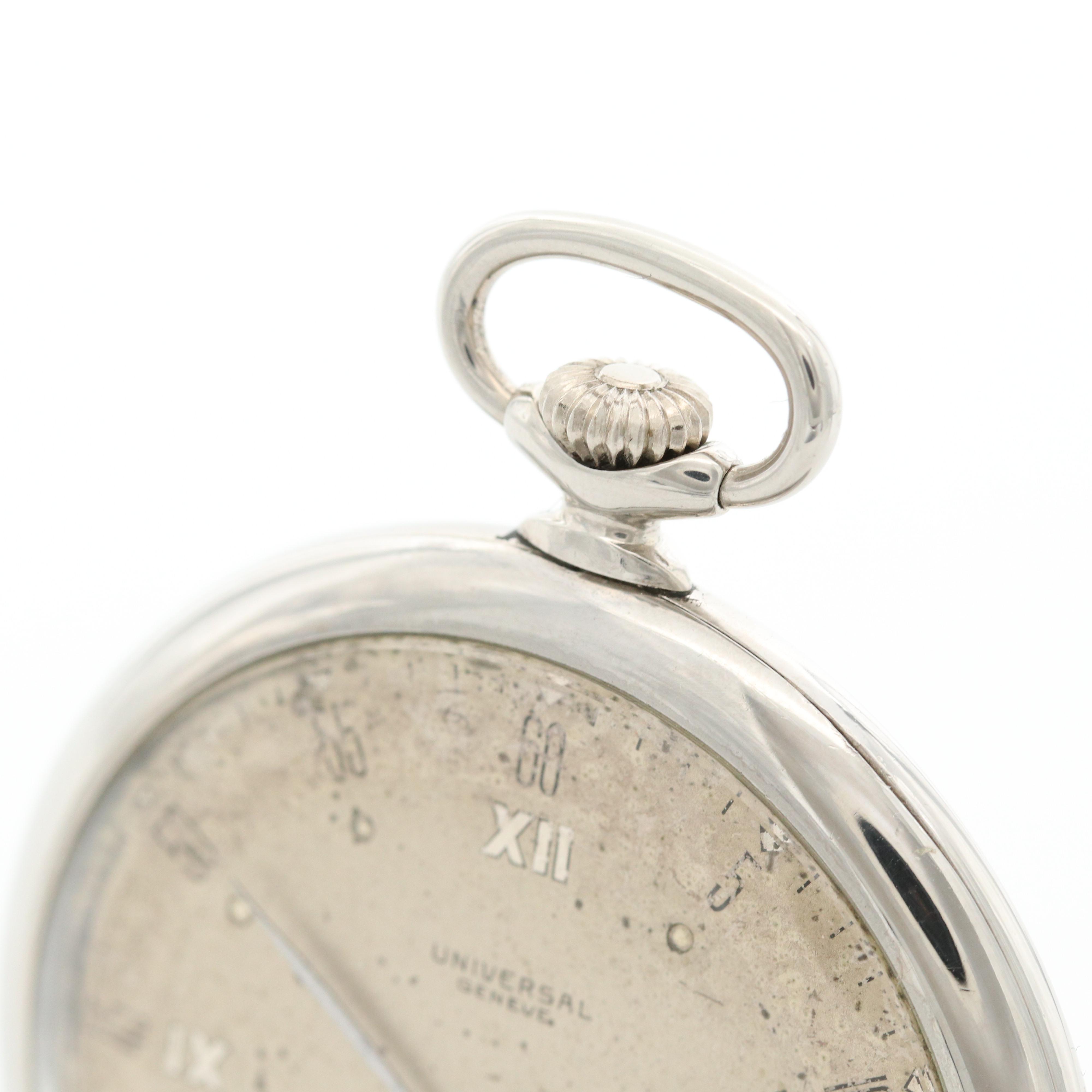 Vintage Universal Geneve Stainless Steel Open Face Pocket Watch