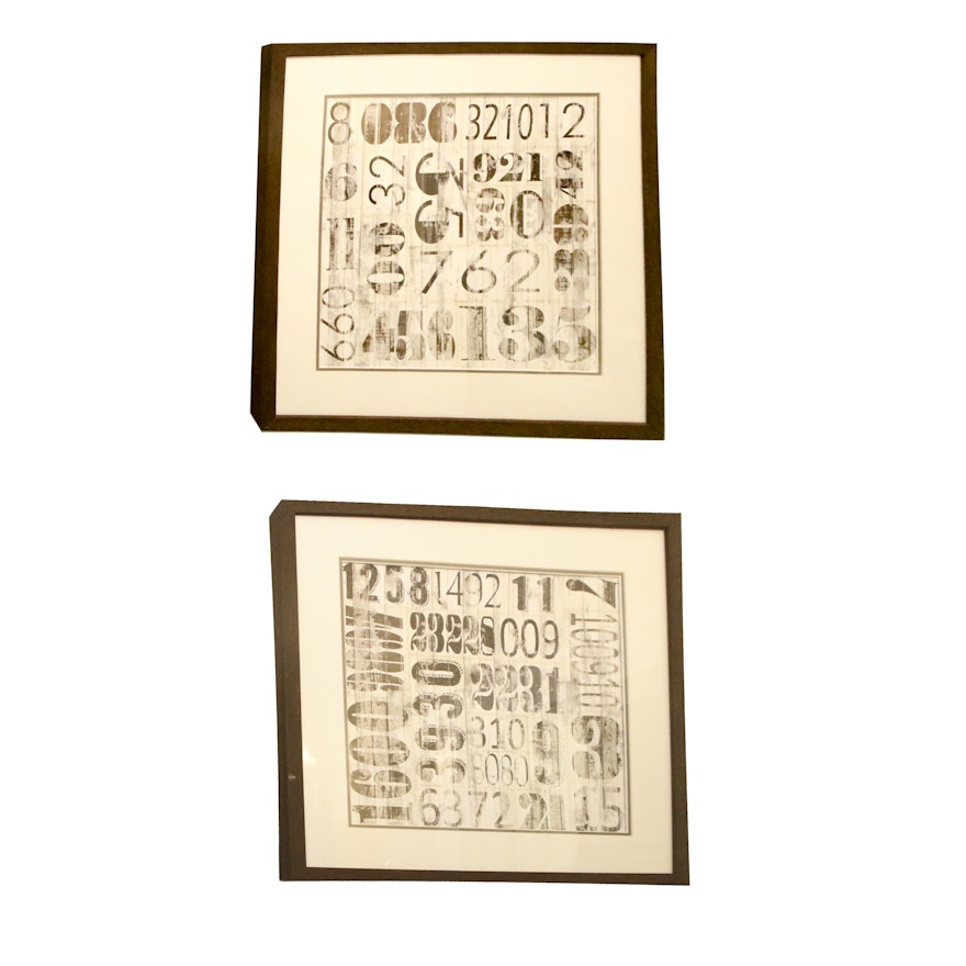 Pair of Framed Black & White Numeral Typeset Offset Lithographs