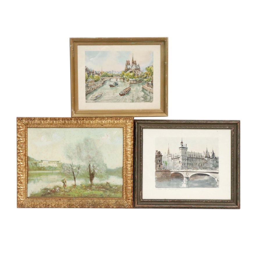 European Village Scene Watercolor and Oil Paintings Featuring Franz Herbelot