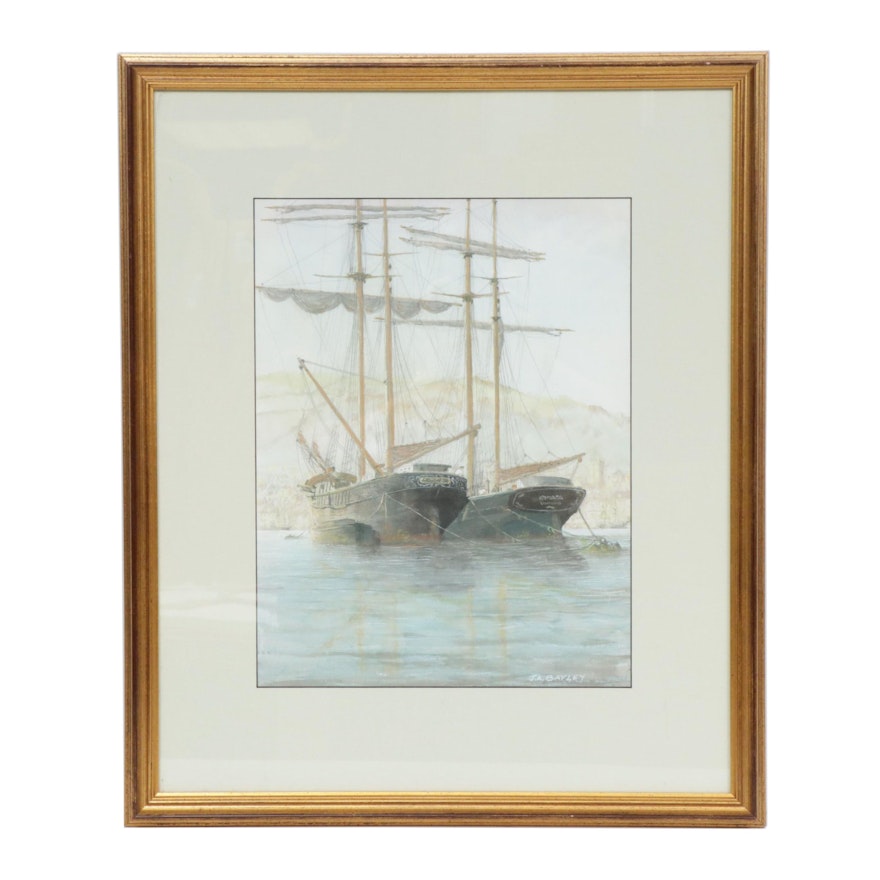 J. A. Bayley Gouache Painting "Ships at Port"