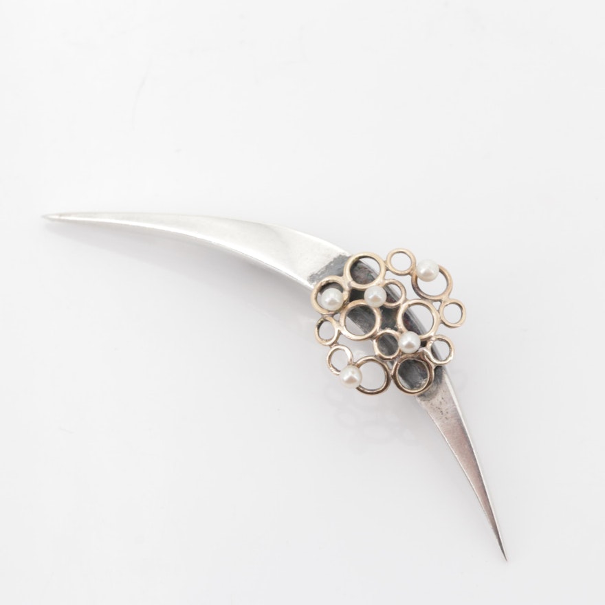 14K Yellow Gold and Sterling Silver and Cultured Pearl Brooch