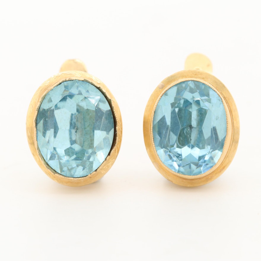 18K Yellow Gold Blue Glass Drop Earrings