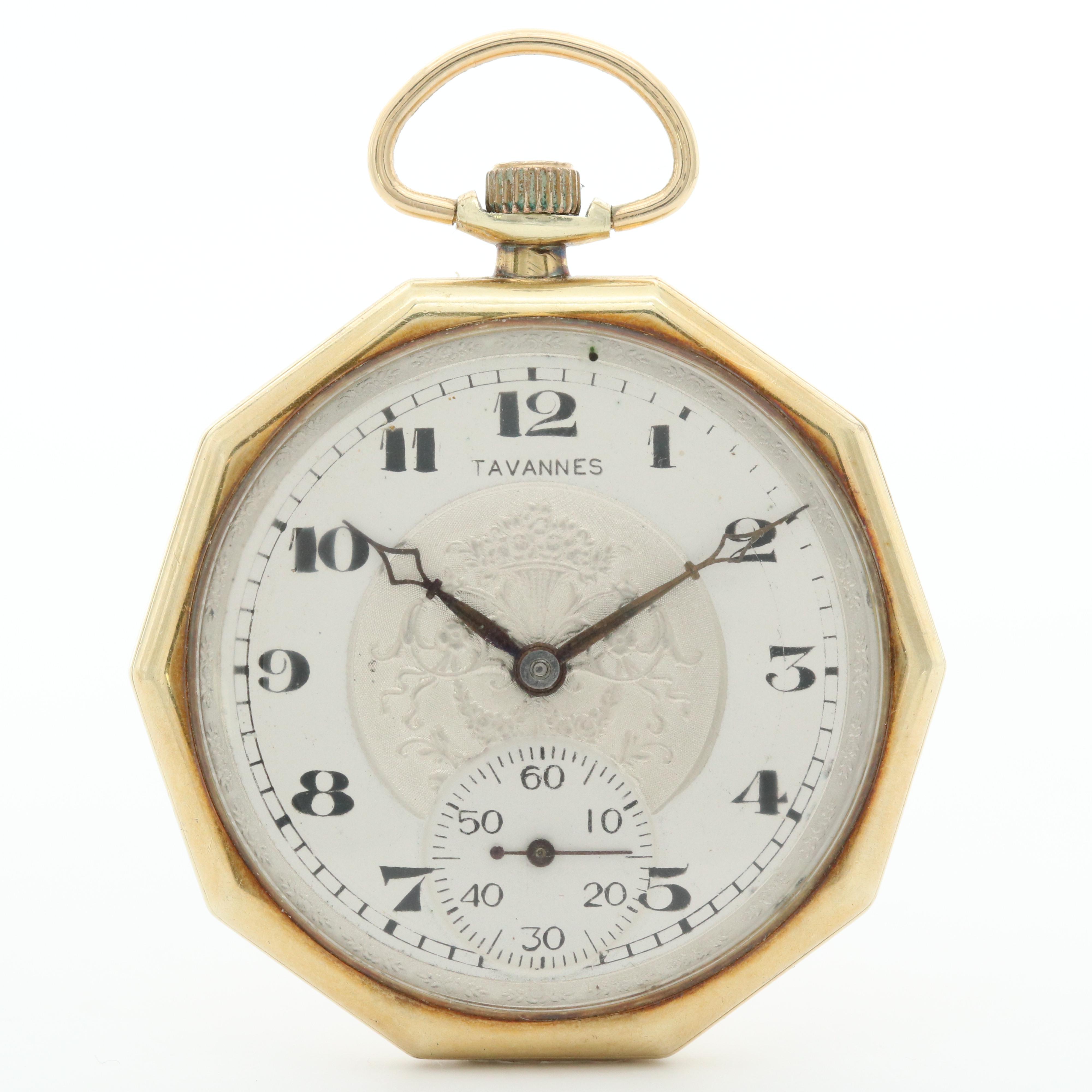 14K Gold Tavannes Swiss Open Face Decagon Pocket Watch
