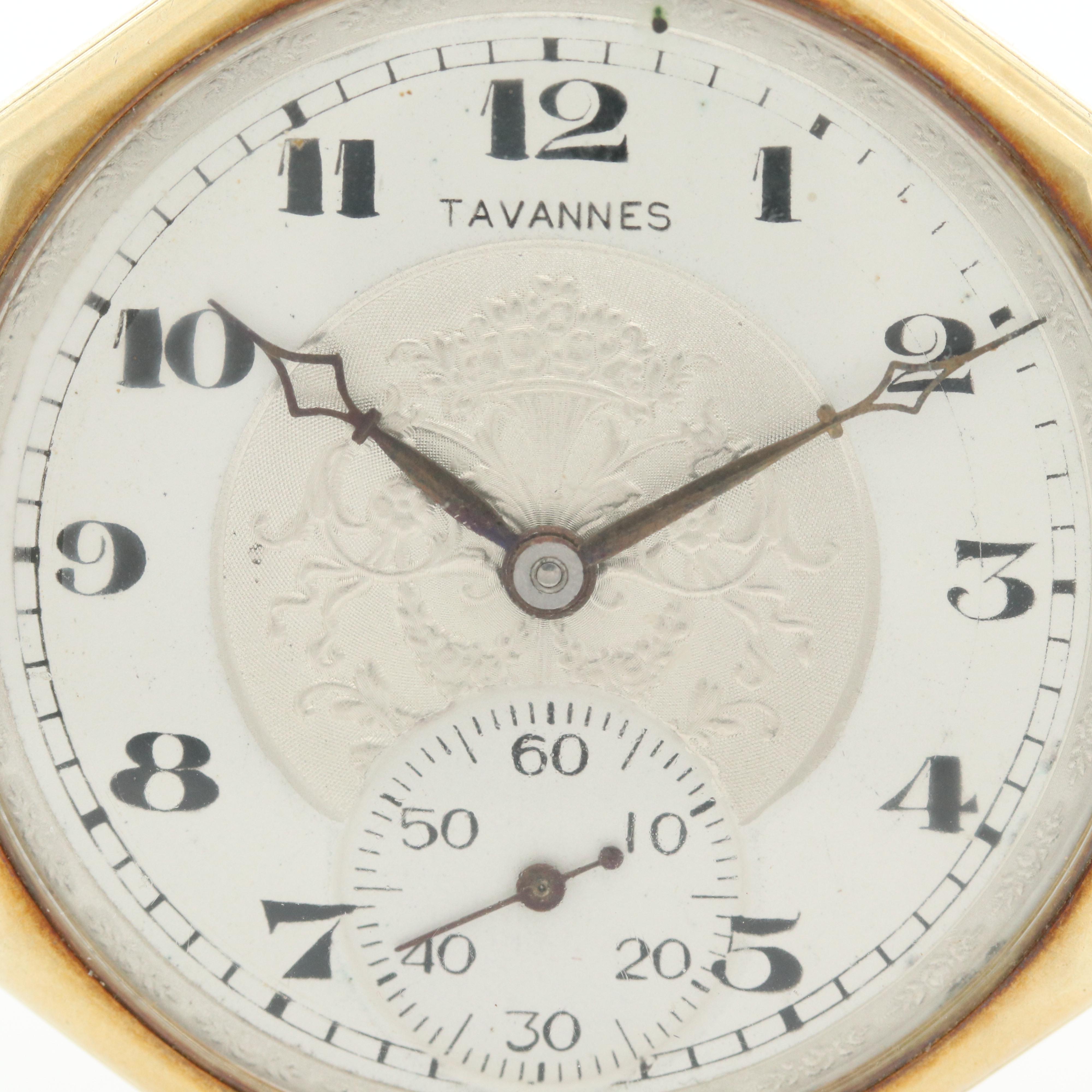 14K Gold Tavannes Swiss Open Face Decagon Pocket Watch