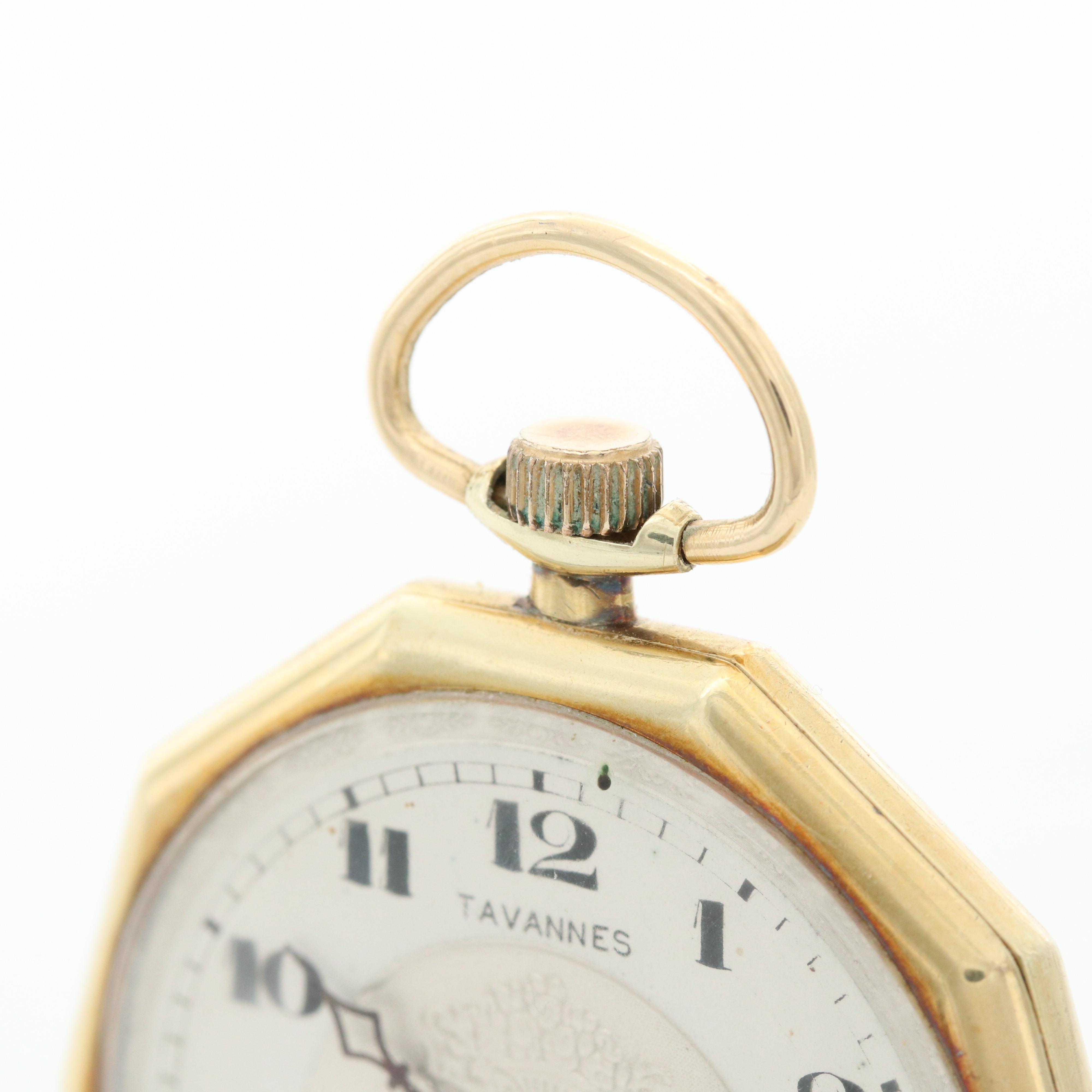 14K Gold Tavannes Swiss Open Face Decagon Pocket Watch