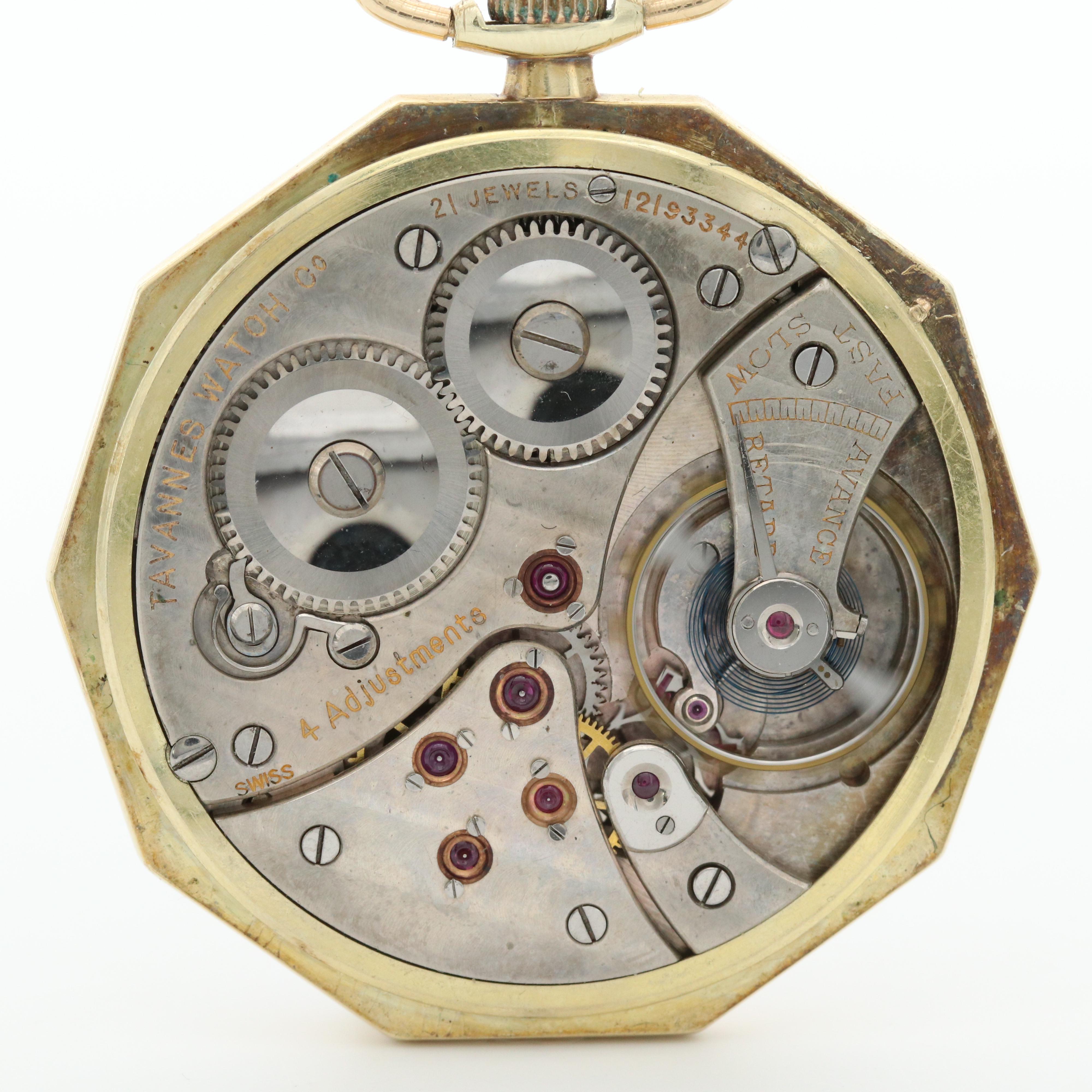 14K Gold Tavannes Swiss Open Face Decagon Pocket Watch