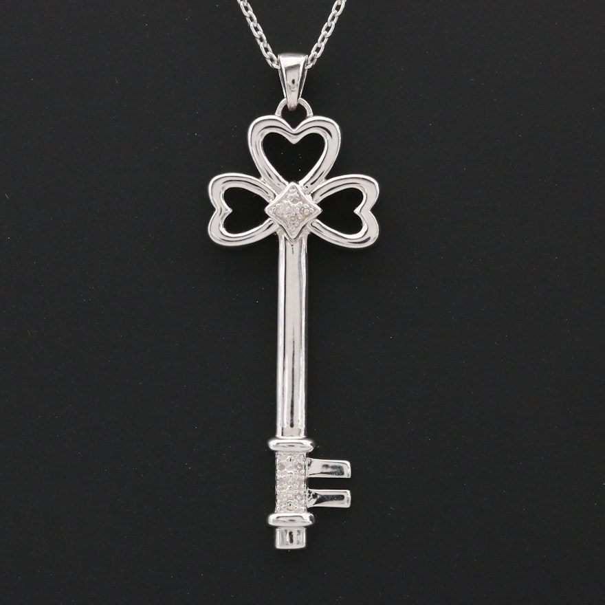 Sterling Silver Diamond Key Pendant Necklace