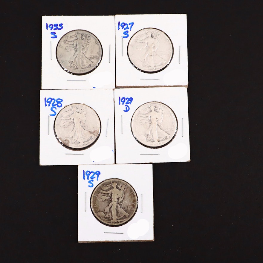 Five Walking Liberty Silver Half Dollars Including a 1927-S