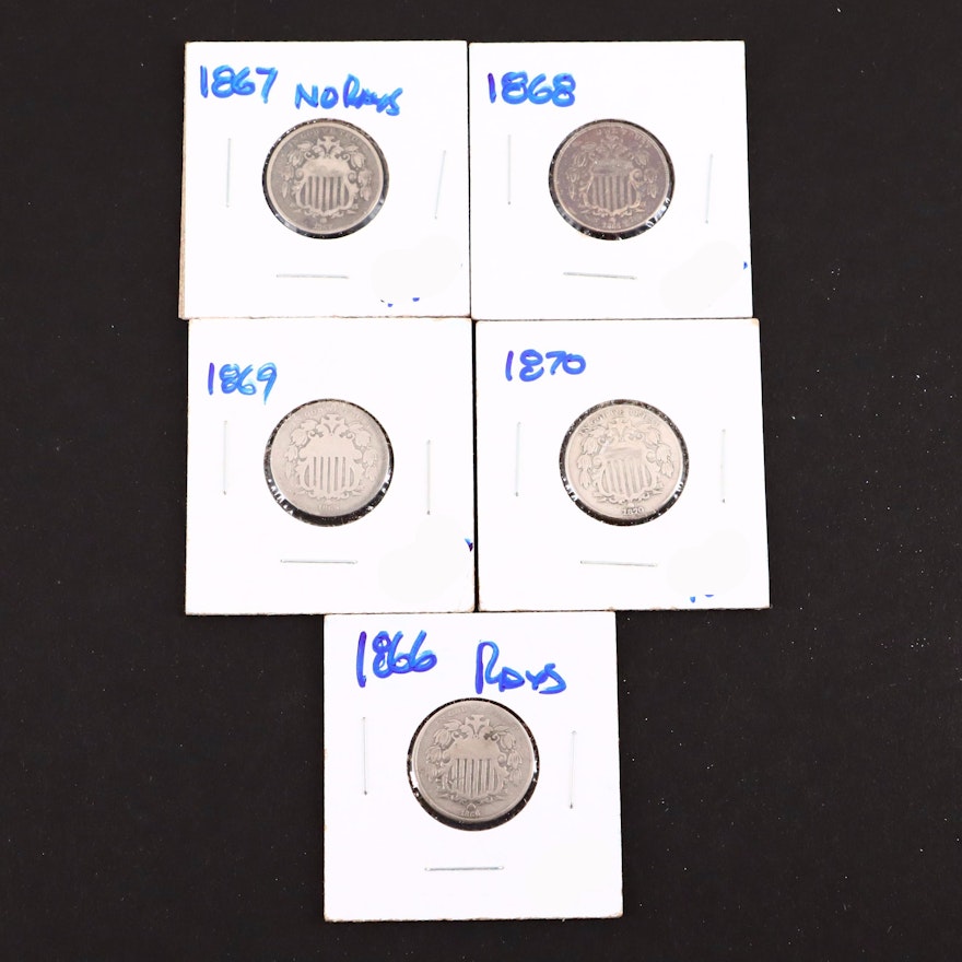 Five Shield NIckels Including Dates of 1866 and 1867 Without Rays