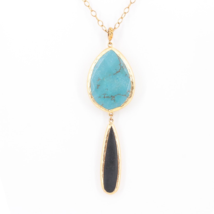 Contemporary Gold Wash on Sterling Silver, Magnesite and Glass Pendant Necklace