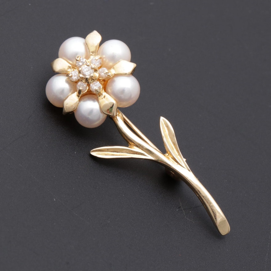 14K Gold, Diamond & Cultured Pearl Floral Brooch