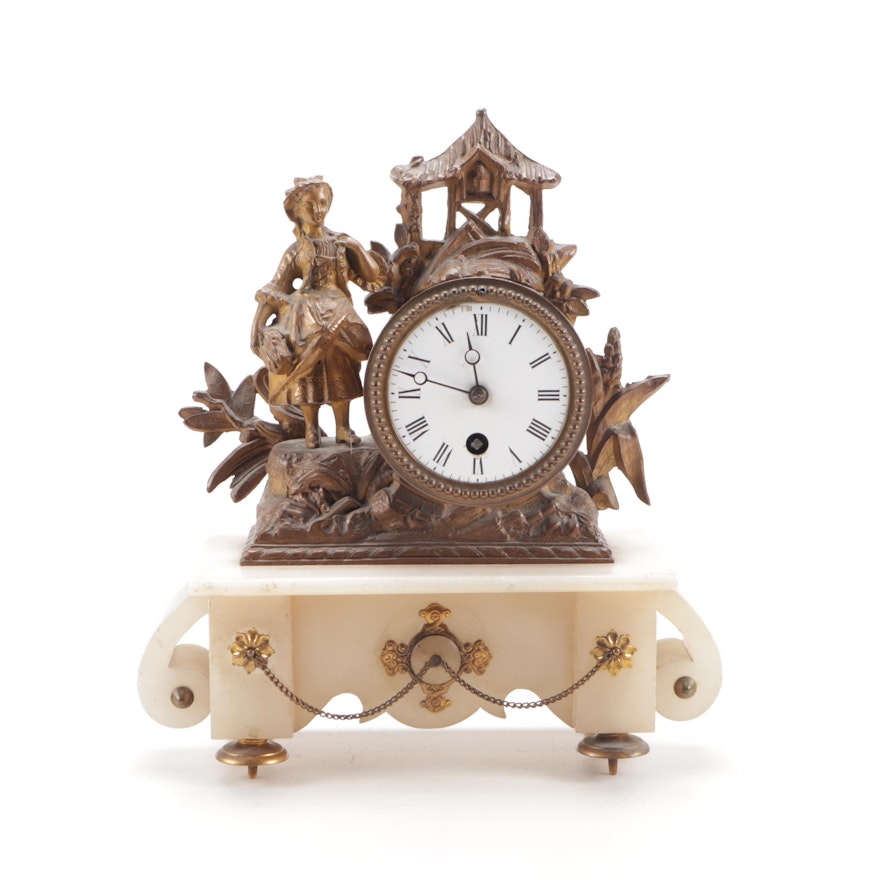 French Gilt Bronze and Alabaster Figural Clock, Late 19th to Early 20th Century