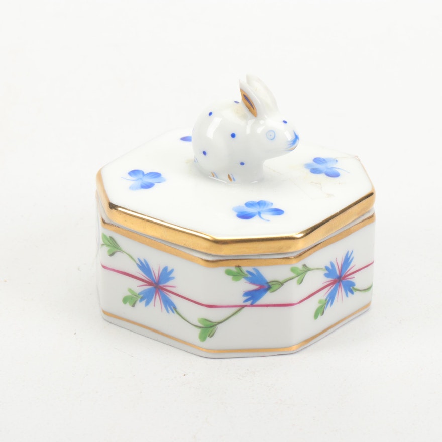 Herend Hungary "Blue Garland" Porcelain Rabbit Trinket Box