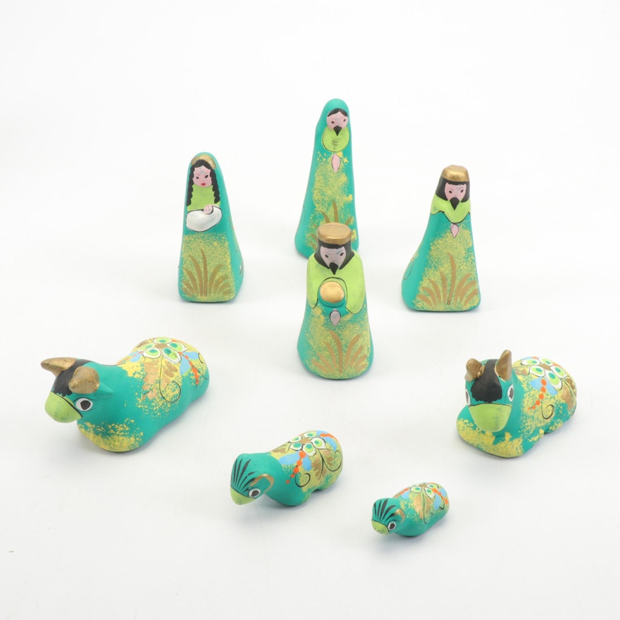 Mexican Hand-Painted Earthenware Nativity Scene Figurines