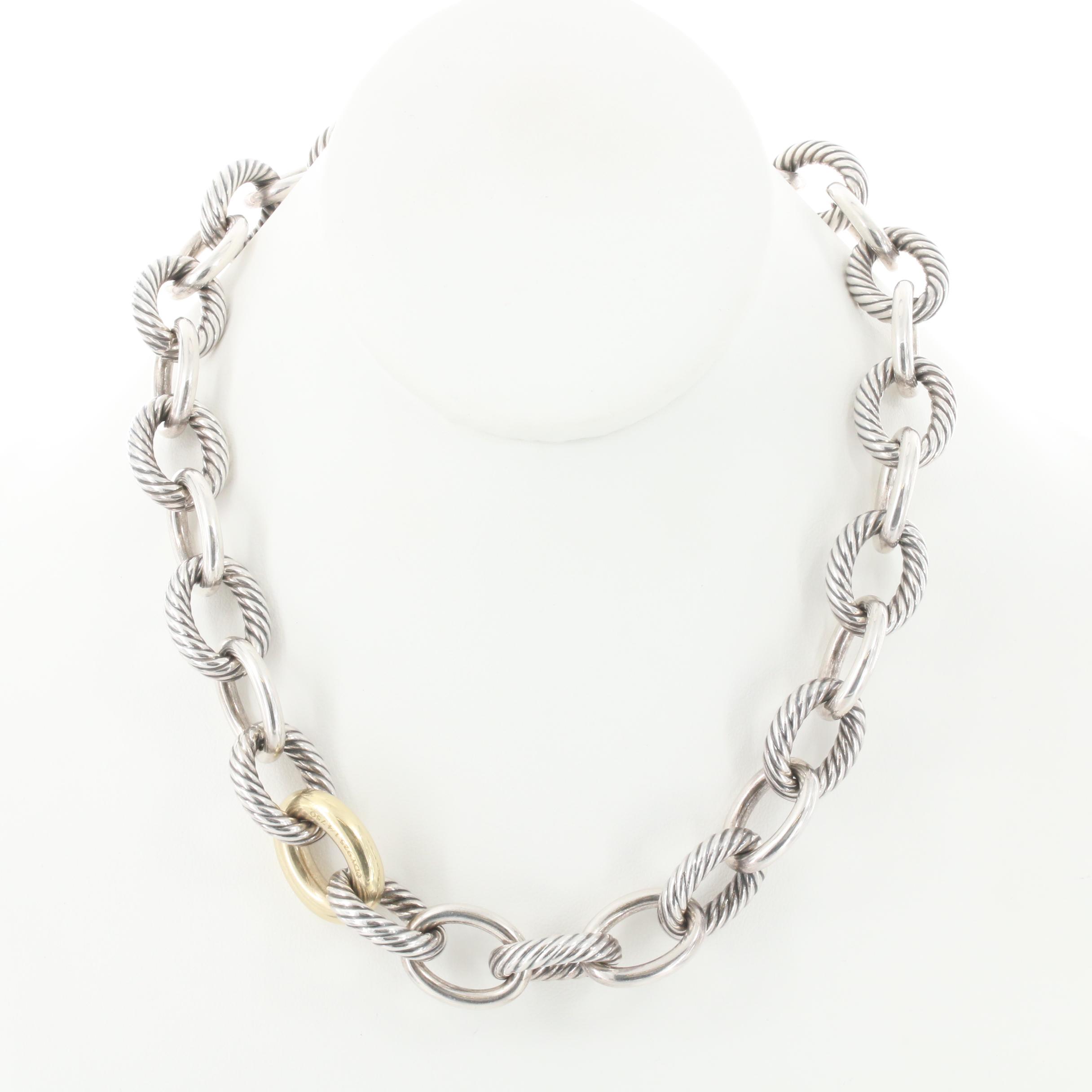 David Yurman Sterling Silver Oval Link Necklace with 18K Yellow Gold Accents