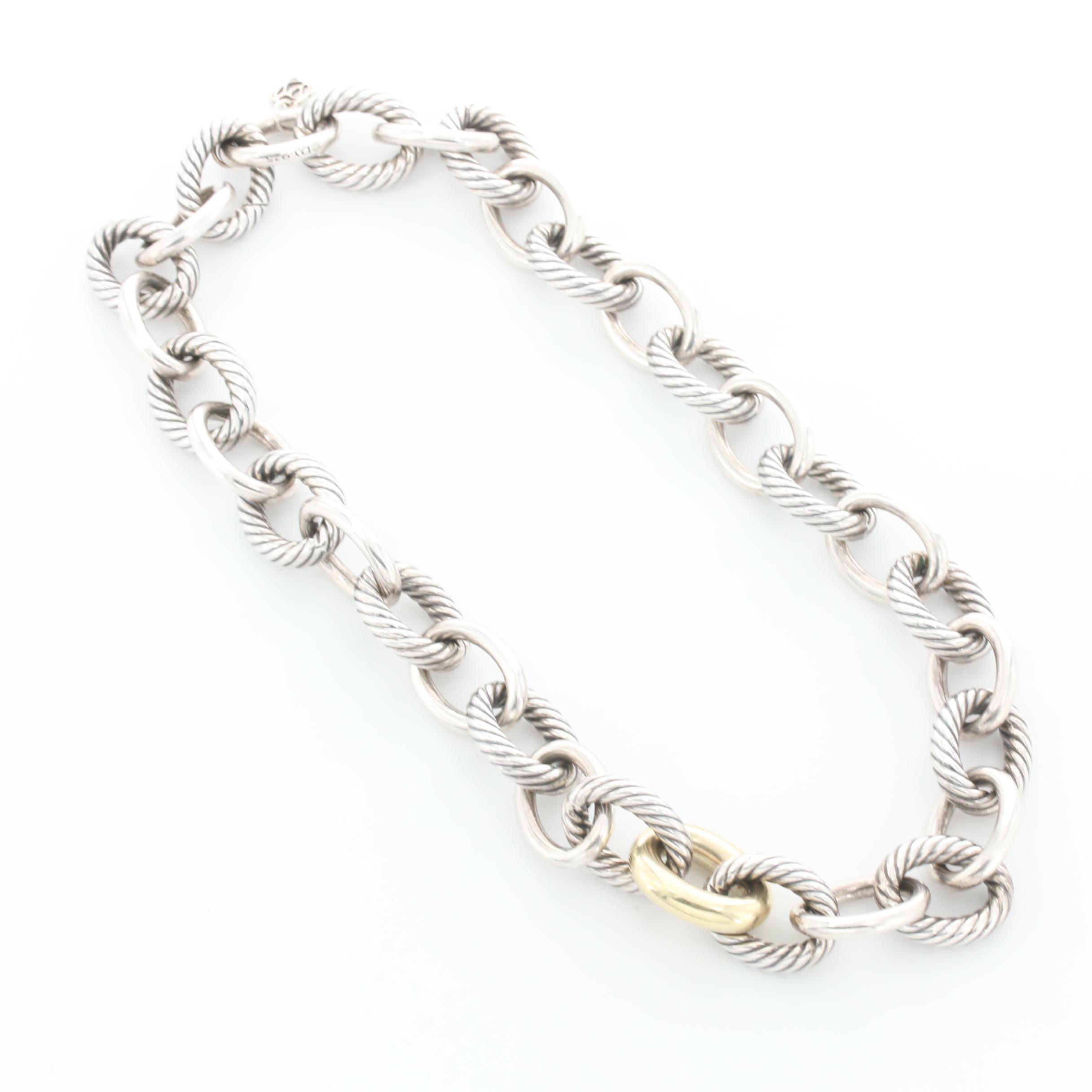 David Yurman Sterling Silver Oval Link Necklace with 18K Yellow Gold Accents