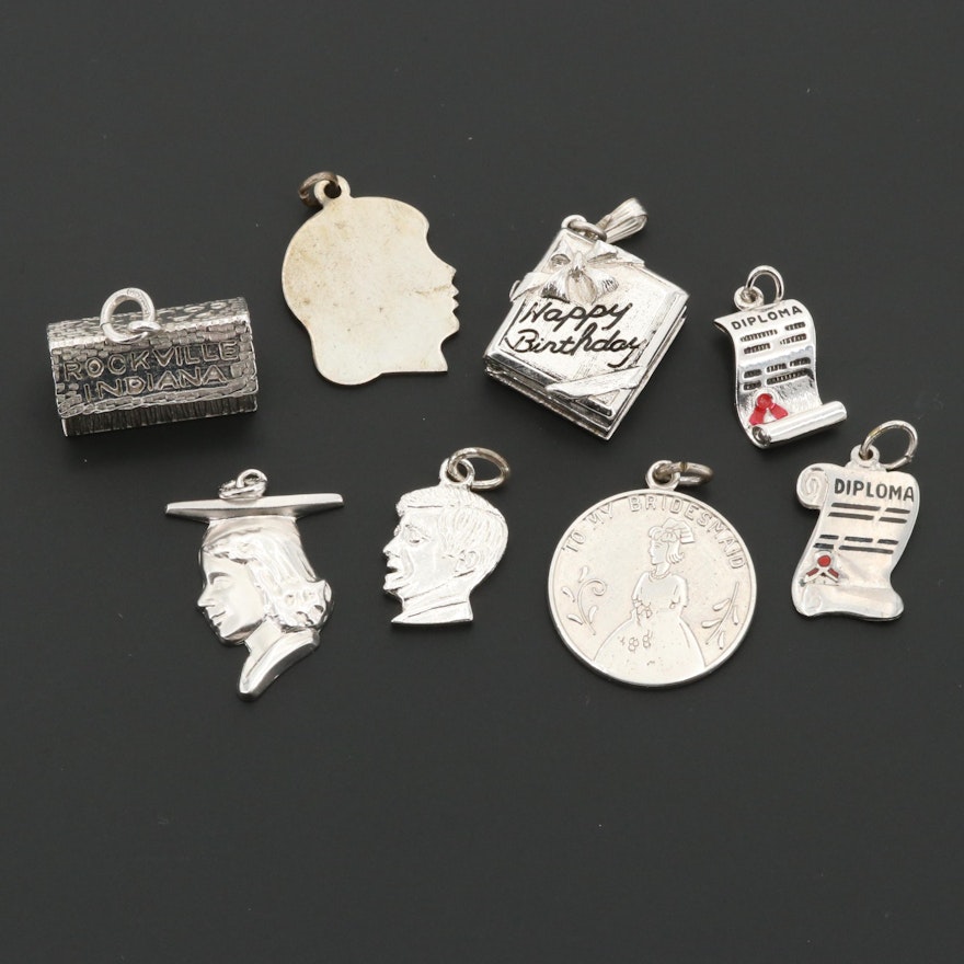 Sterling Silver Charms Including Wells and a JFK Charm with Enamel Accents