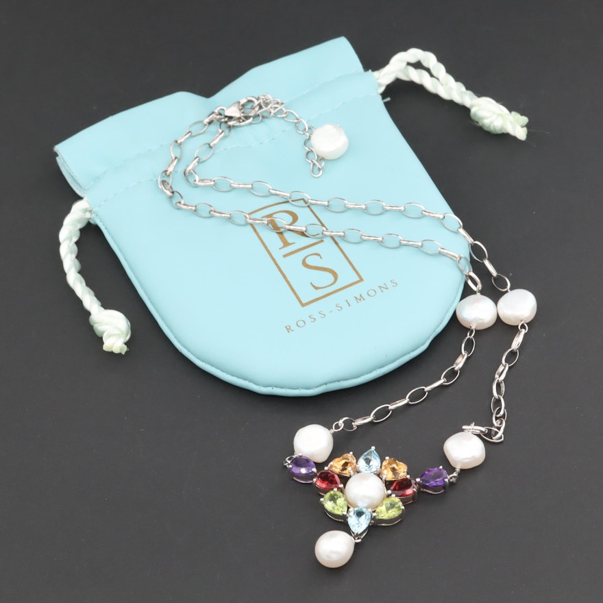 Ross-Simons Sterling Silver Cultured Pearl and Gemstone Necklace