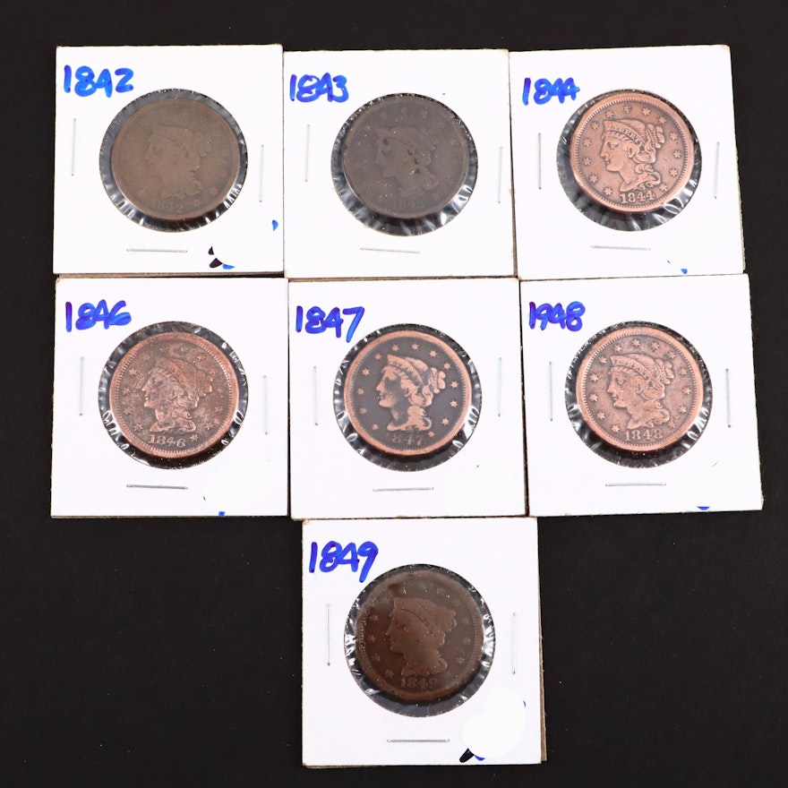 Seven Various U.S. Large Cents Including 1844 and 1849